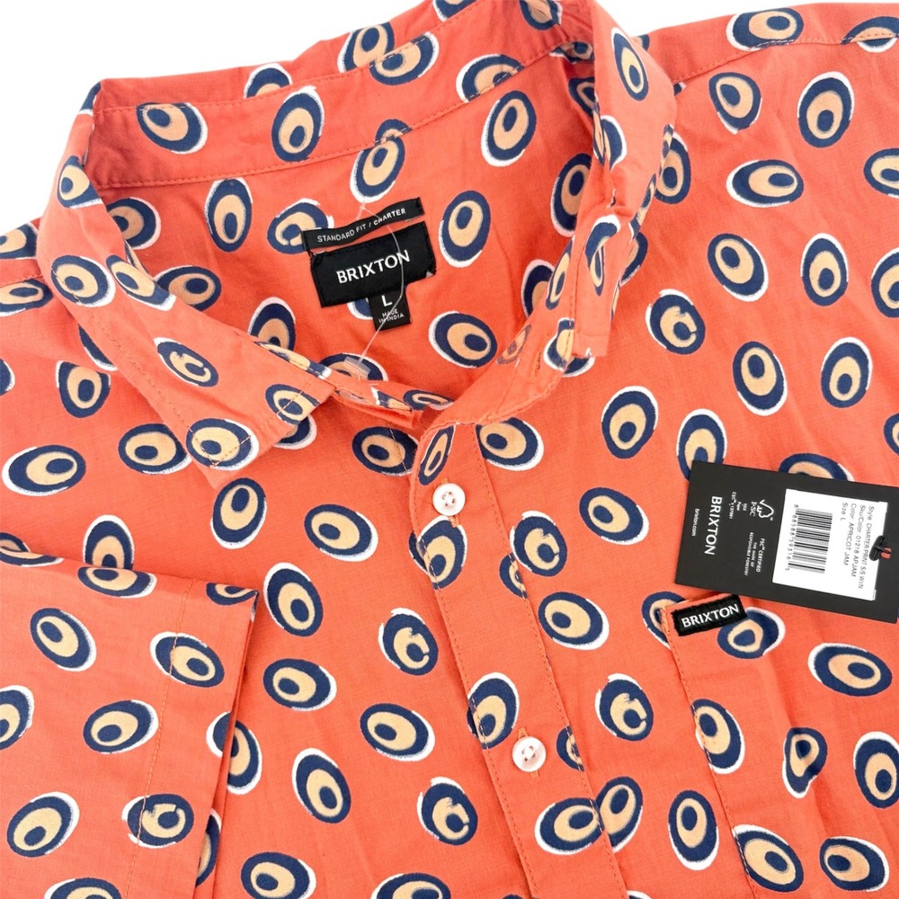 Brixton Charter Print SS Woven Shirt Apricot Jam Orange Geometric Mens Large NEW